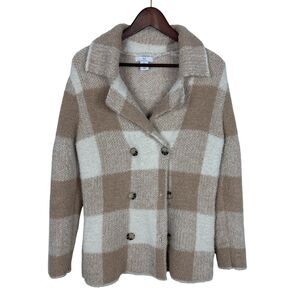 H Halston Teddy Checkered Plush Double Breasted Sweater Jacket Women’s Small